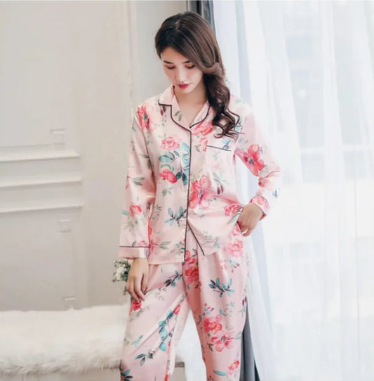 Women's Short Sleeve Silk-Feel Lapel Cardigan Loungewear Set