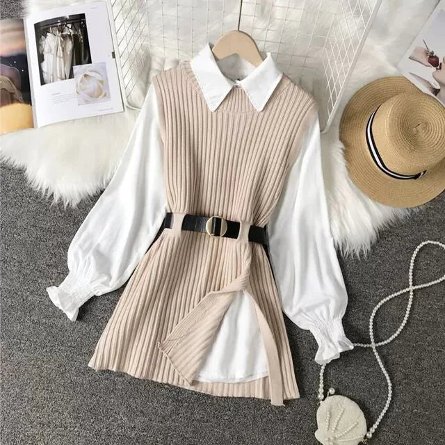 White Western-Style Knit Vest and Shirt Set