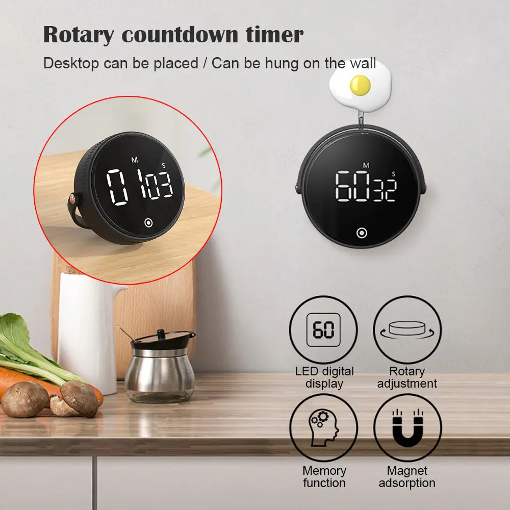 Digital Timer Magnetic Electronic Cooking Countdown Clock LED Mechanical Remind Alarm