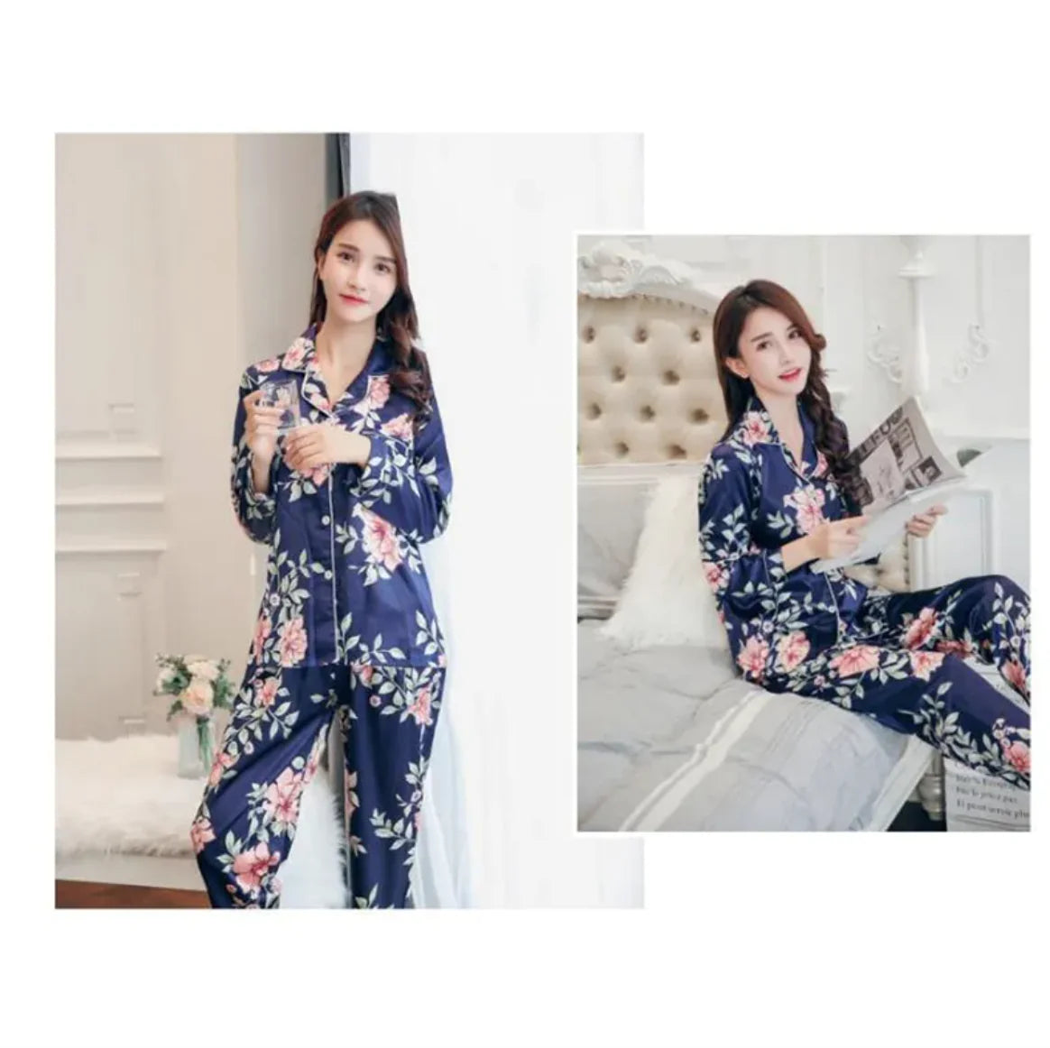 Women's Short Sleeve Silk-Feel Lapel Cardigan Loungewear Set