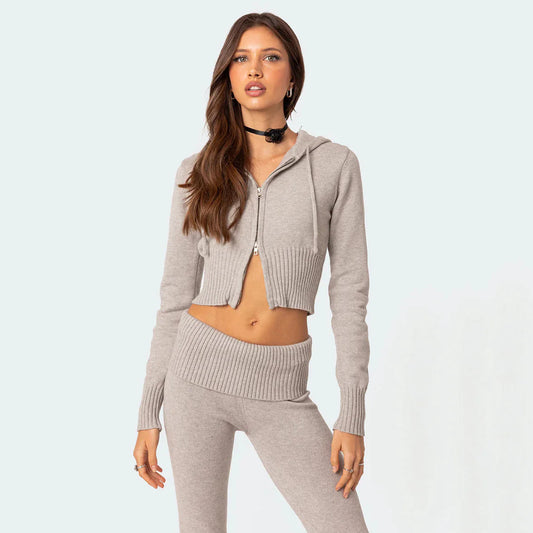 Women's High-Waist Knit Hooded Set: Fashionable Long-Sleeve Top & Trousers