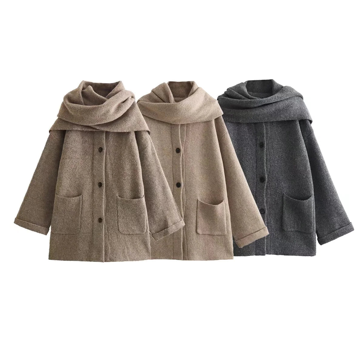 Chic 3-Color Knit Coat Set with Cozy Scarf - Perfect for Stylish Layering!