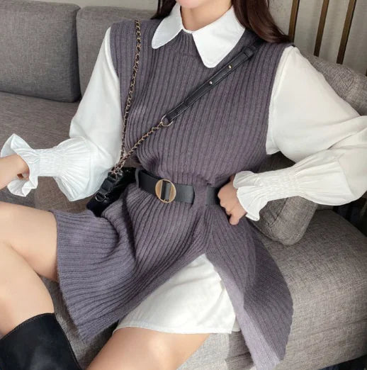 White Western-Style Knit Vest and Shirt Set